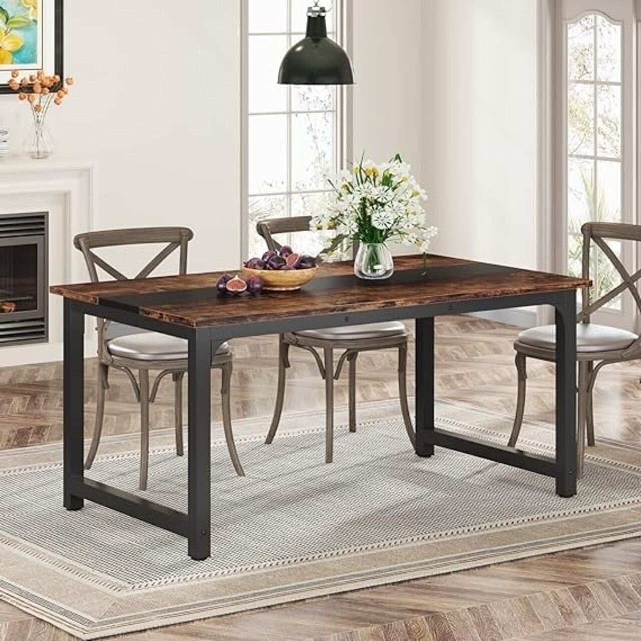 Industrial Dining Table 63X31.5 For 6-8 People Modern Wood And Metal Design